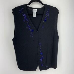 Napa Studio Black Beaded Floral Knit Vest Womens Medium Whimsigoth Goth Grunge